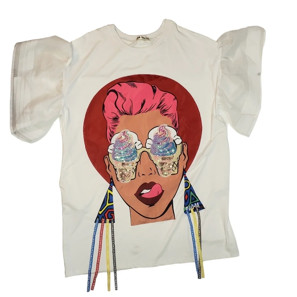 Novelty Print Sequin T-Shirt Mini Dress Size 2X ? Ice Cream Tassels Bell Sleeve - Picture 6 of 14